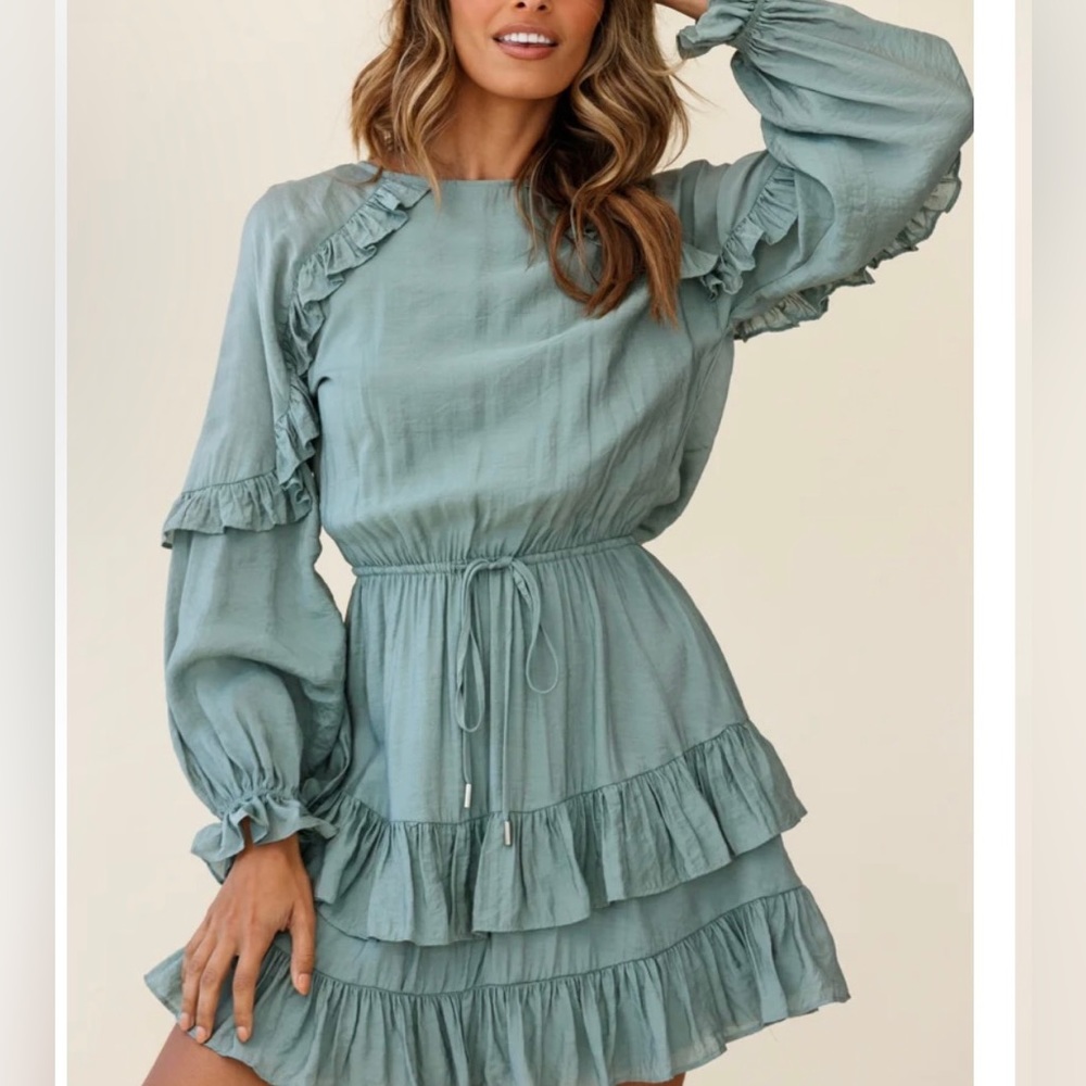 Long sleeve Frill blue grey dress
